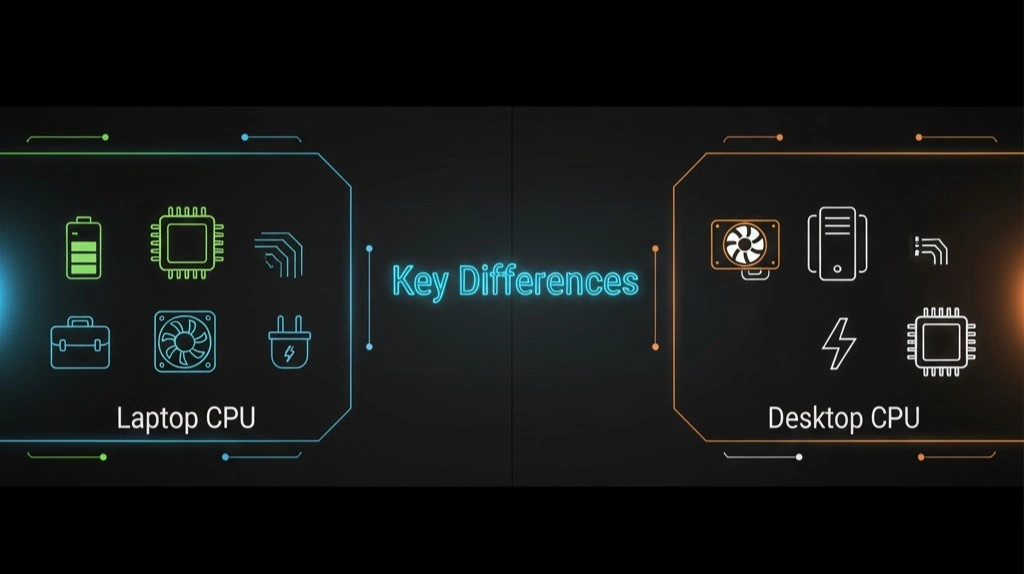 Compare power, size, and cooling to understand Laptop vs Desktop CPU performance differences easily.