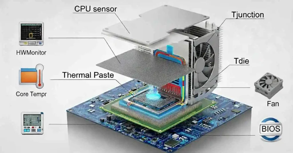 Diagram showing how CPU temperature is measured with Tjunction and Tdie sensors, explaining what Temp Is Too Hot for CPU