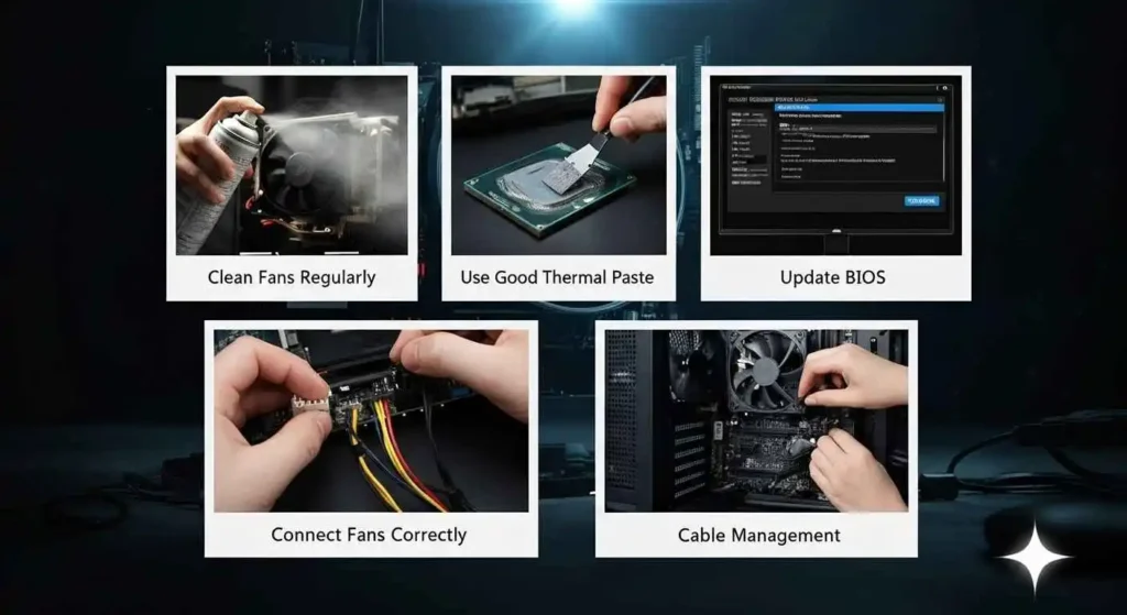 Image showing CPU fan maintenance tips like cleaning fans, using thermal paste, updating BIOS, and cable management.