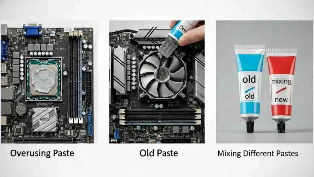 Three CPU thermal paste mistakes: over-applied paste, reusing old paste, and mixing old and new paste on a clean motherboard.