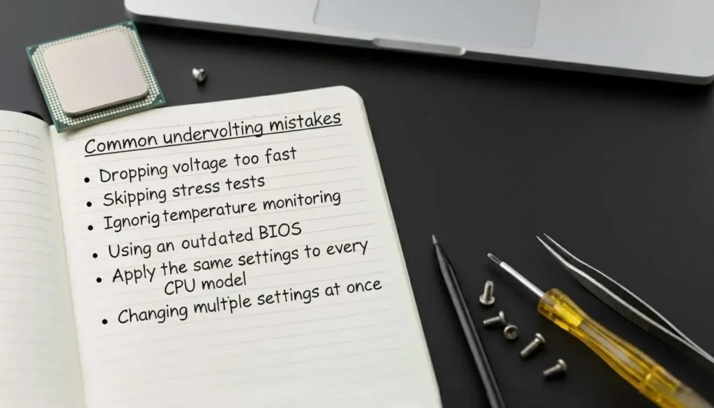 Common CPU undervolting mistakes shown on a desk with a processor, tools, and a list of