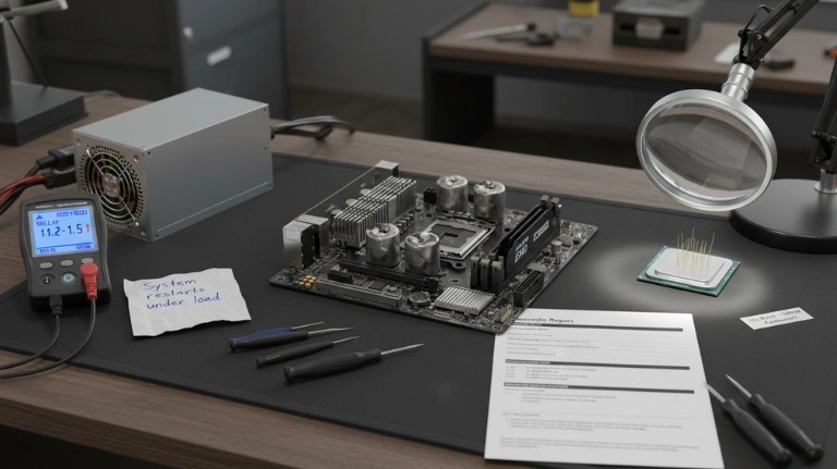 Testing PSU voltage and motherboard on bench while diagnosing CPU over voltage error with tools and meter.