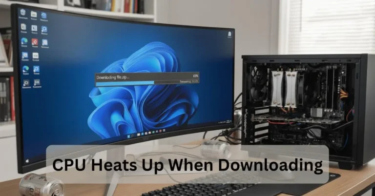 Open desktop PC and monitor showing a file download in progress, illustrating why the CPU heats up when downloading due to background processing.