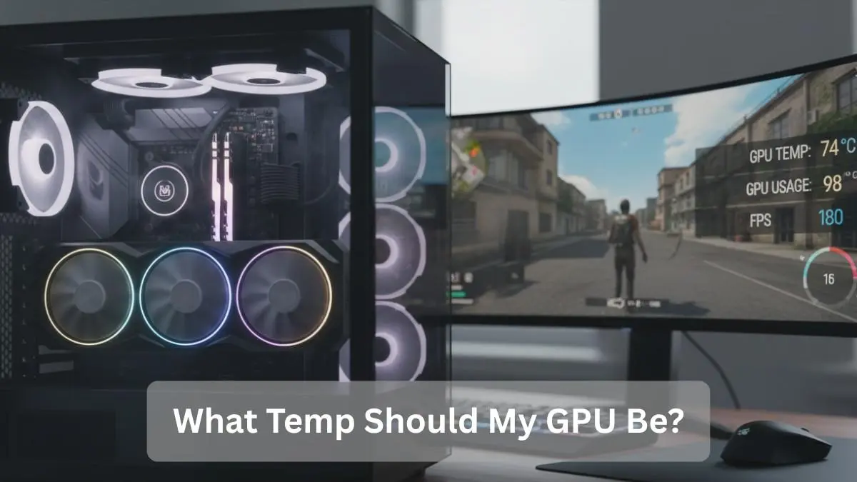 Gaming PC showing safe GPU temperature at 74°C during gameplay with a real-time performance overlay.