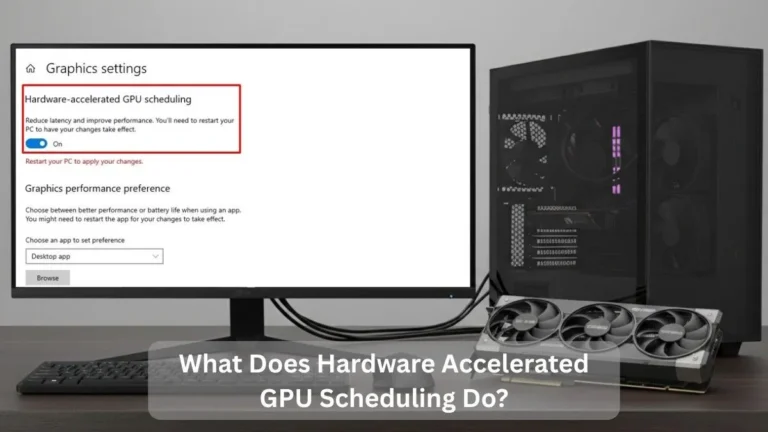 Hardware accelerated GPU scheduling setting enabled in Windows graphics settings with desktop PC and graphics card
